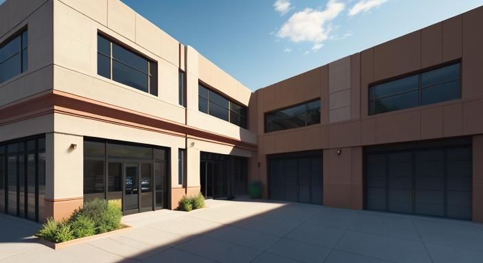 A L-shaped, office building made with a cement concrete fini...