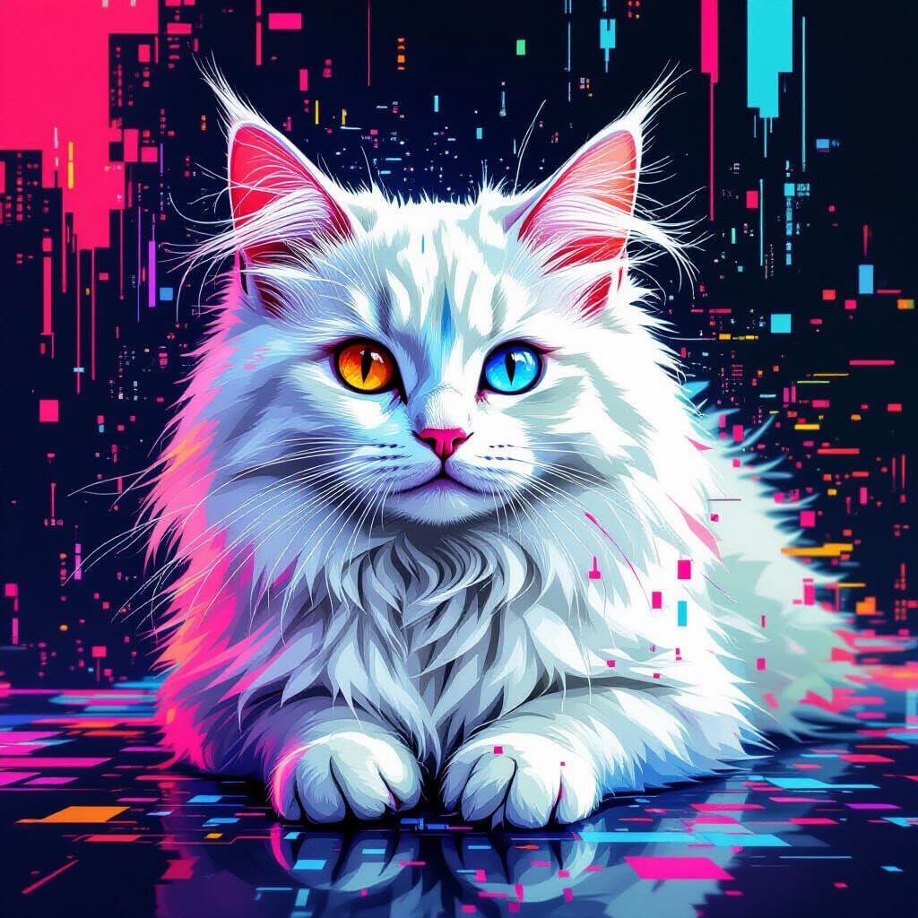 A distorted, glitchy portrait of a White fluffy cat