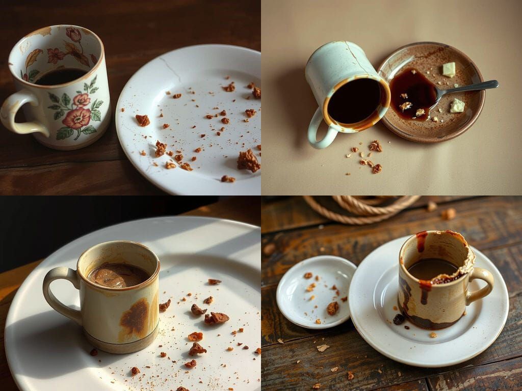an empty coffee mug with coffee stains beside an empty plate with crumbs on it, high angle,