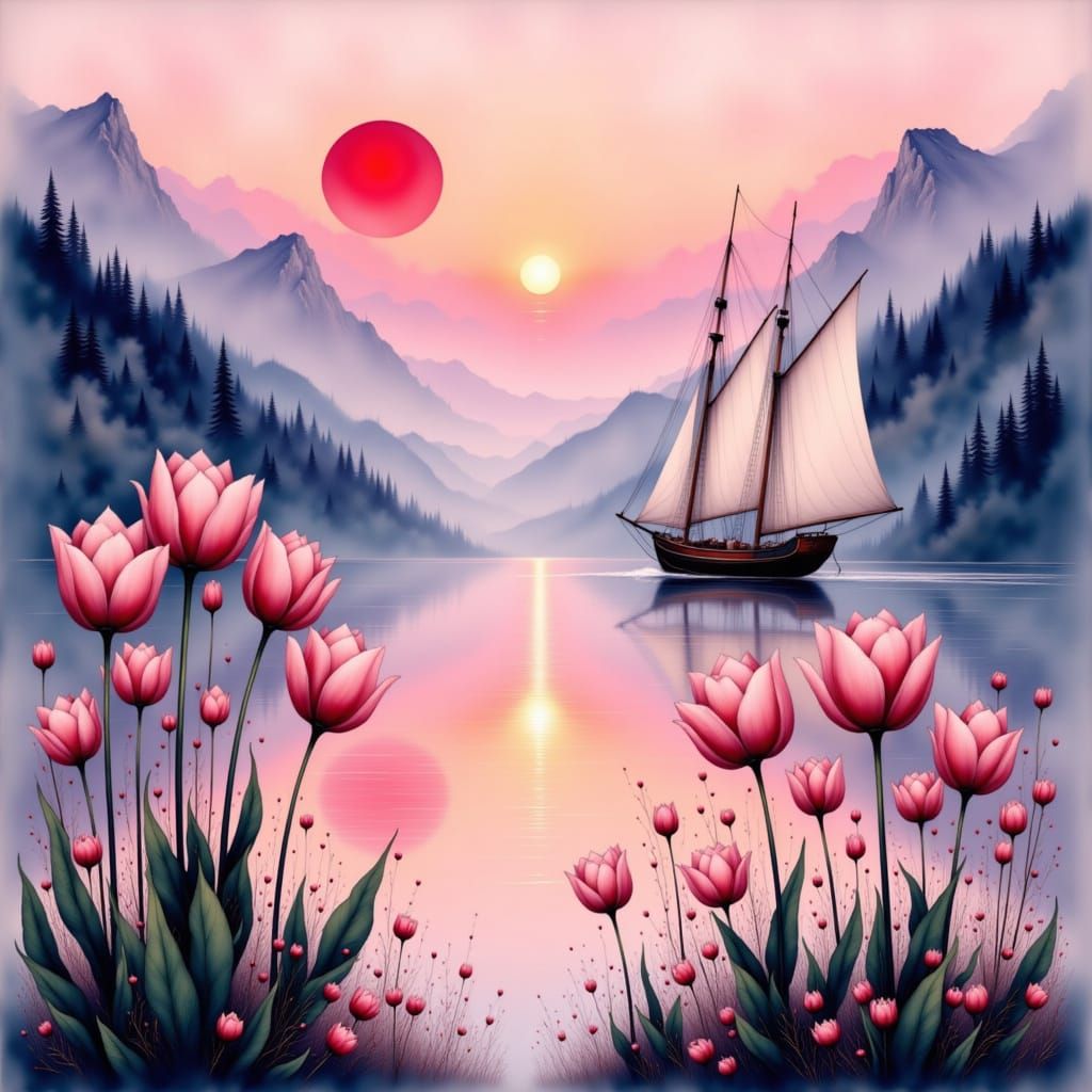 <lora:The Divine Flux:1.0> Serene river landscape with majestic dark mountains as backdrop, tranquil water reflecting vibrant red sun hues, ...