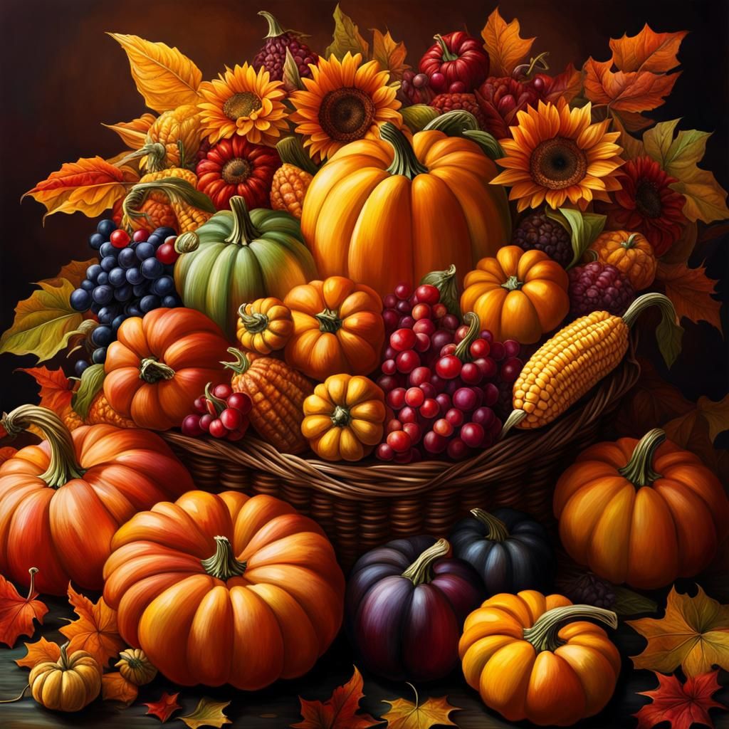 Harvest festival 🌽🥧🍁🍂🍎 fruit basket 🧺 with pumpkins corn squash in abundance,  (vibrant colors:1.5) ...  by @Babydragongirl
