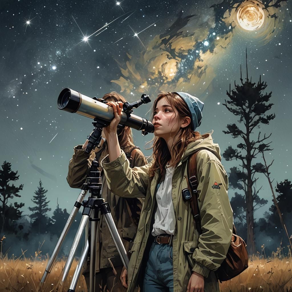 Teenagers in the field at night looking up at the stars with a telescope 🔭, astronomy class. Look at ...  by @vixyna