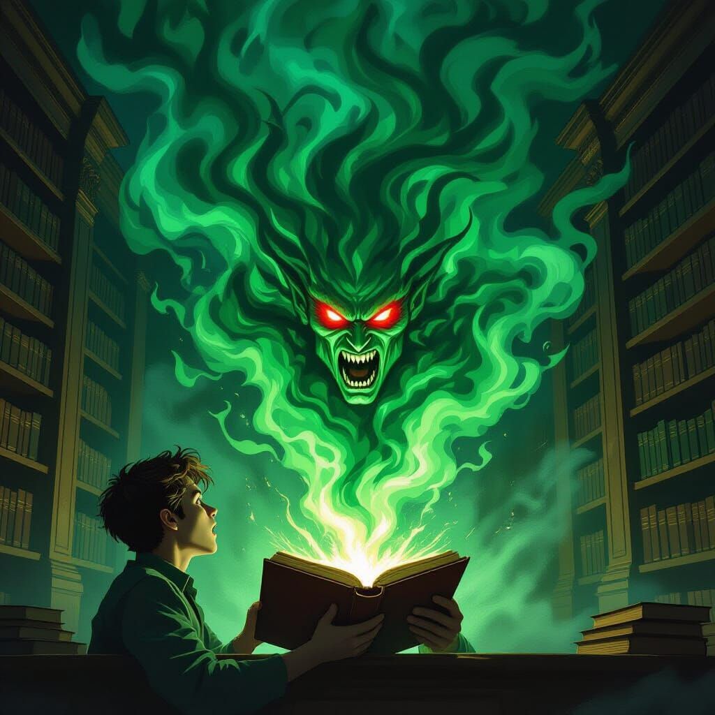 Green Apparition Bursts From Book in Ancient Library