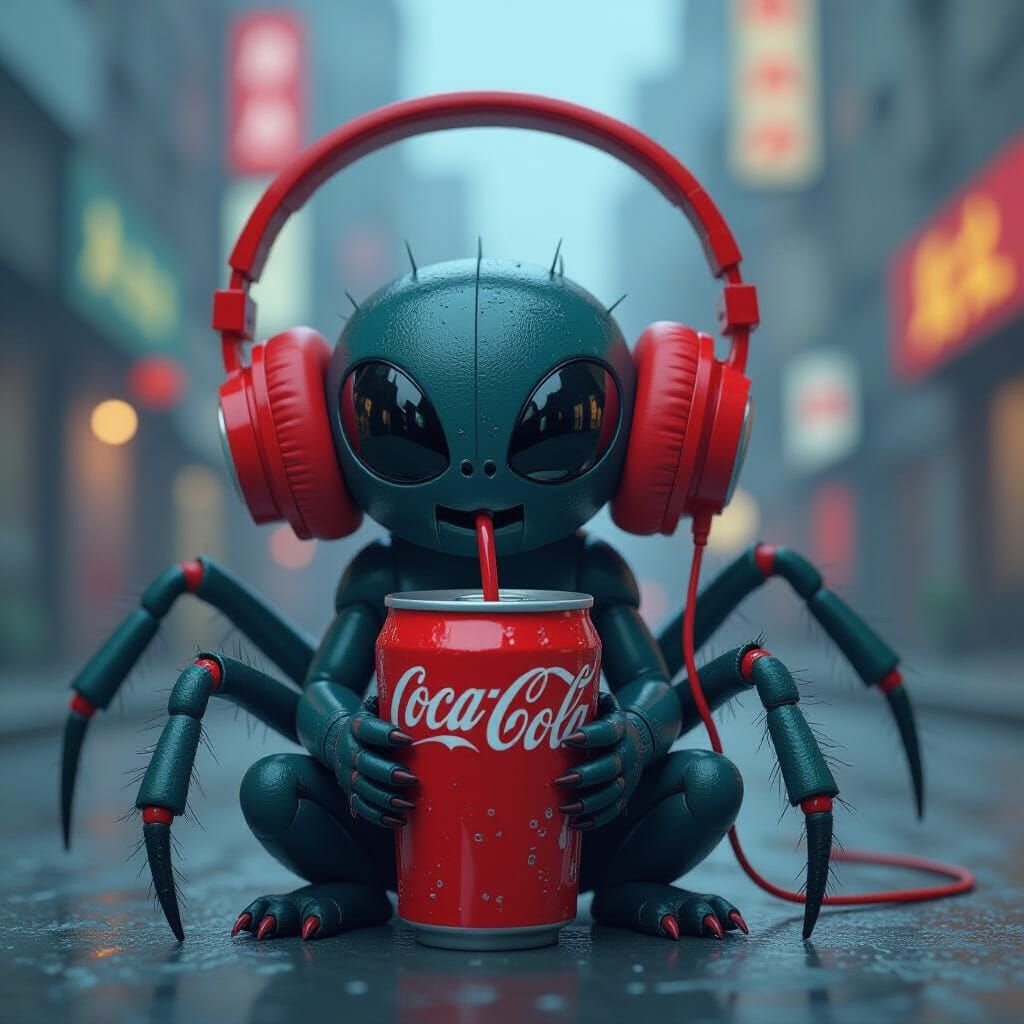 Spider Sipping Cola with Headphones in Playful Style