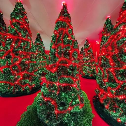 'forest' of Christmas trees, with red lights