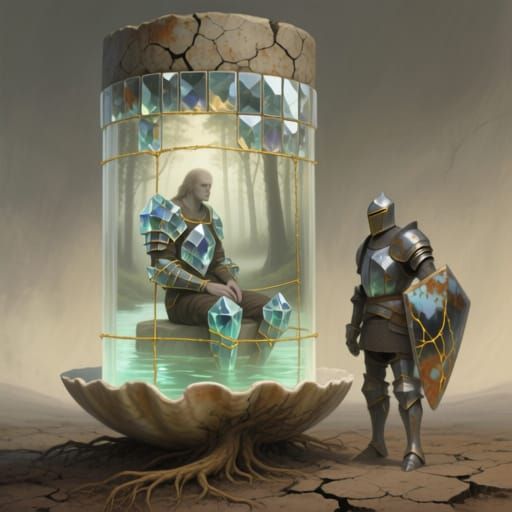 A surreal painterly scene where a tall cylindrical fossil-like structure rises from cracked soil. Inside its translucent segments, a motionl...