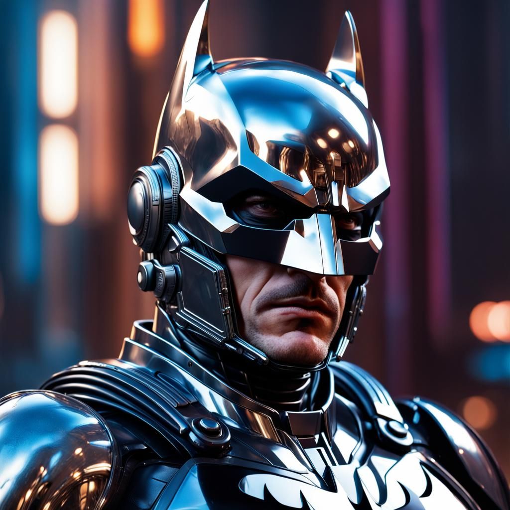 Batman dressed as RoboCop. Shiny chrome. Photoreal