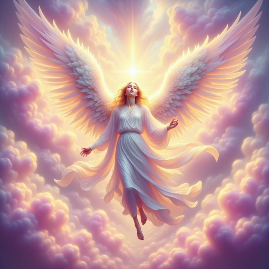 "Celestial angel flying through a sky painted in pink, gold, and lavender, sunbeams breaking through clouds, soft glow surrounding her delic...