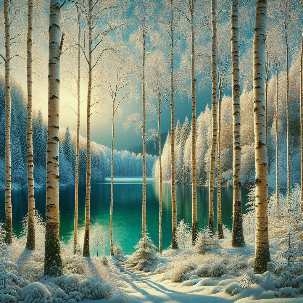 Birch forest by a lake in Lithuania, in winter day