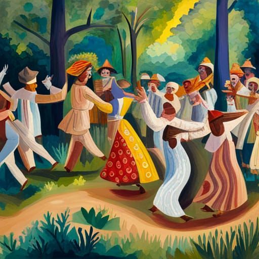 a variety of folk-costumed people dancing in the woods in Go...