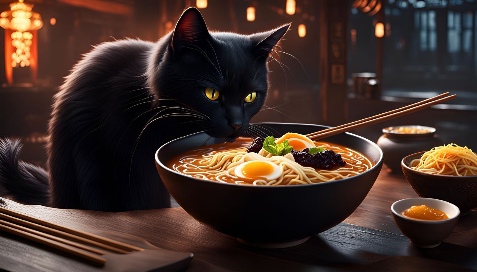 "Black Cat Eating Ramen"  by @Dabbler