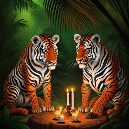 Jungle Animals in Candlelit Hyperrealistic Scene