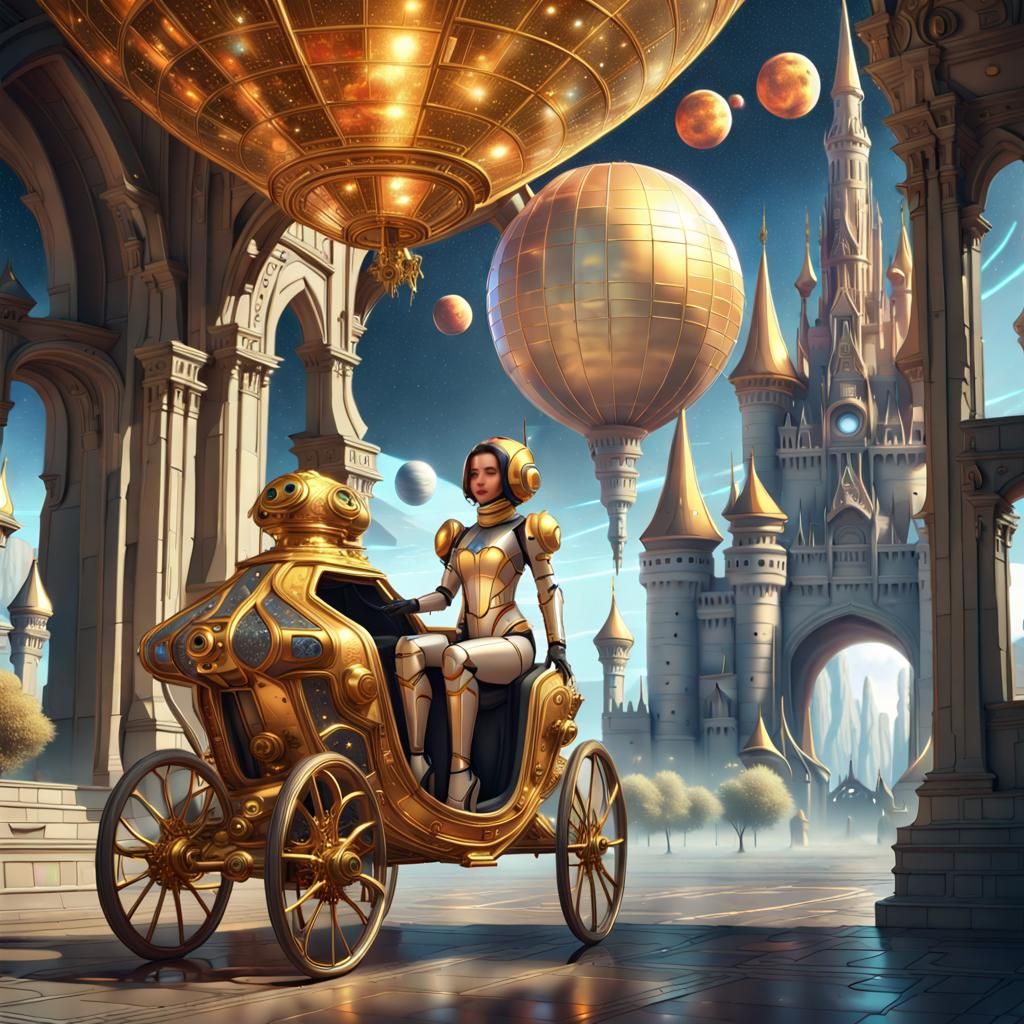 Spacegirl on golden carriage with classic wheels