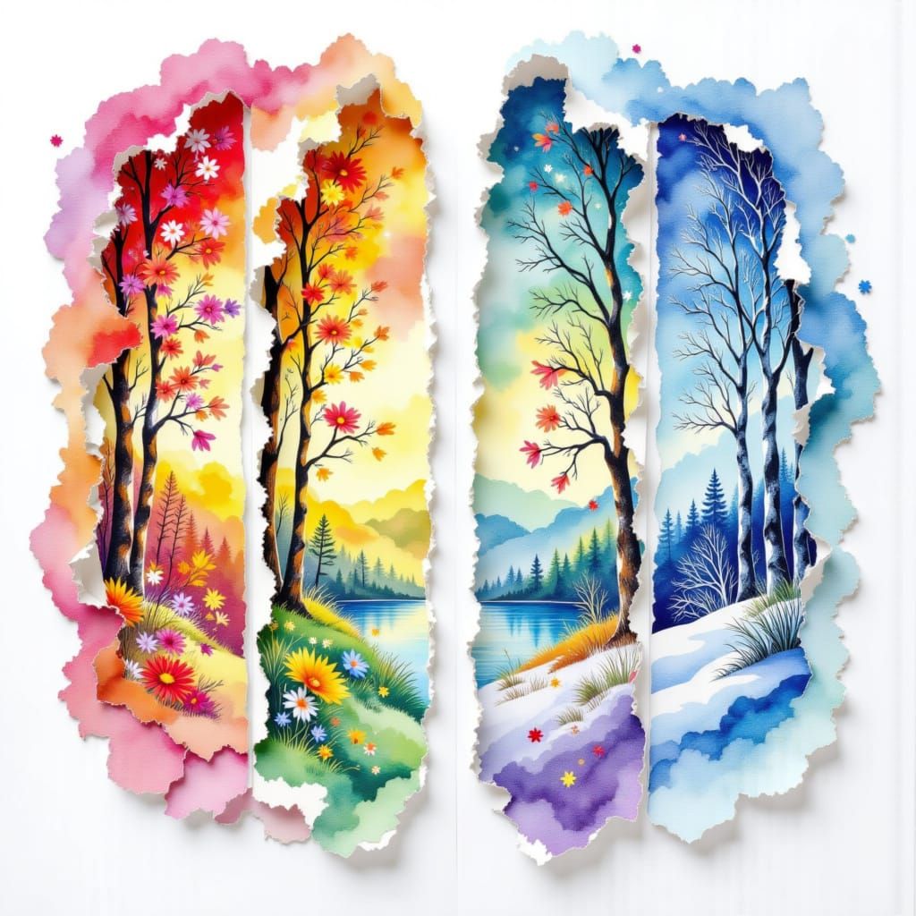 <lora:Four Seasons DE:1.0> Abstract vibrant watercolor portal swirls dripping in a double exposure effect across four vertical, ripped piece...