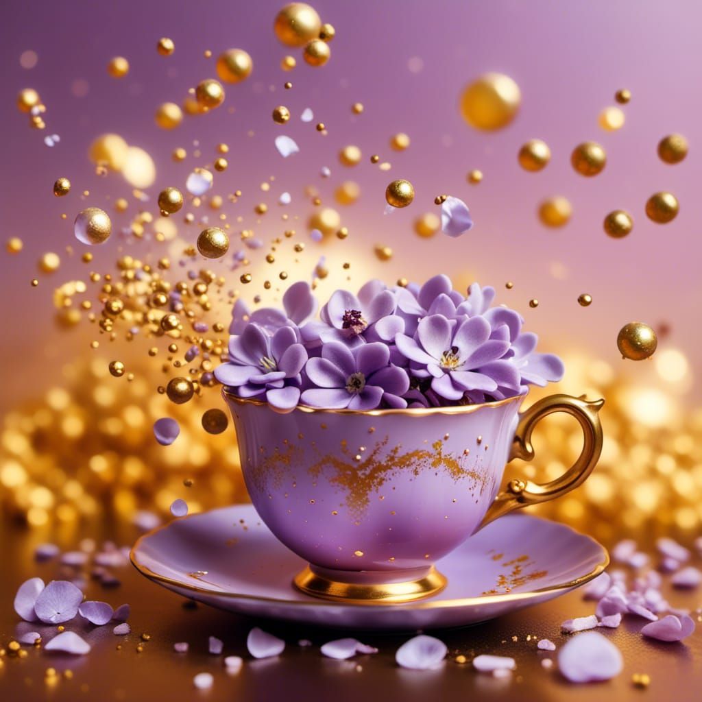 a stunning lilac teacup with flower petals gold bubbles 