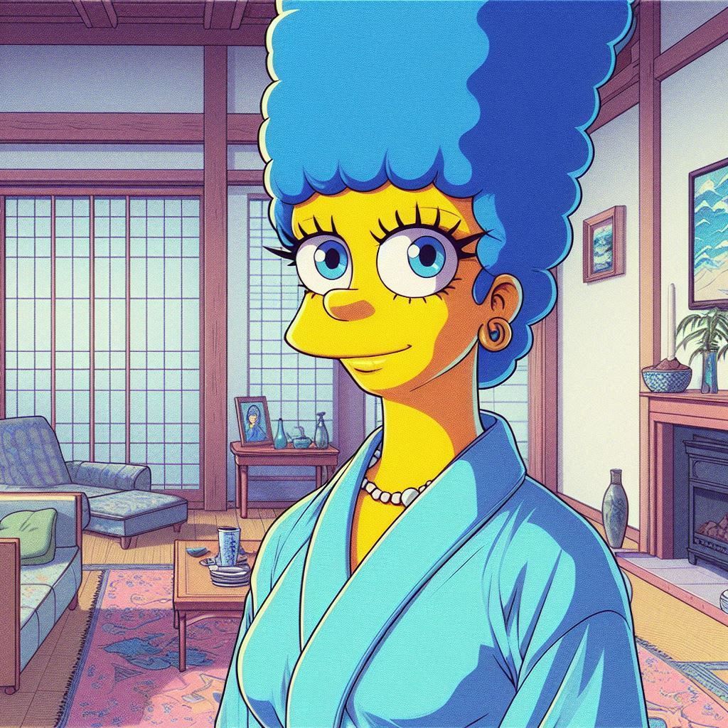 a 1980s anime style image of Marge Simpson drawn in human an...