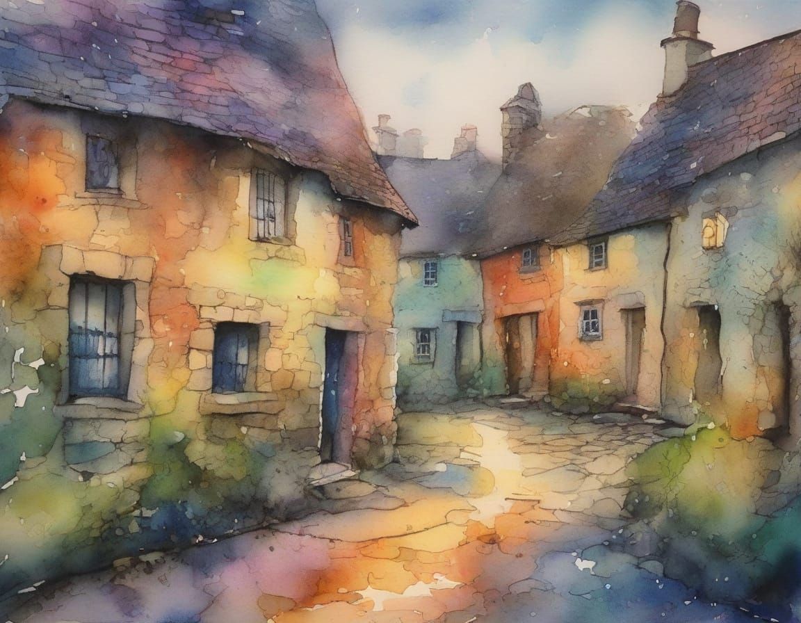 a fairy-tale ancient village 16th century cobbles and rustic stone cottages, watercolour ink, ink splats, ink drips infinity iridescent glow...
