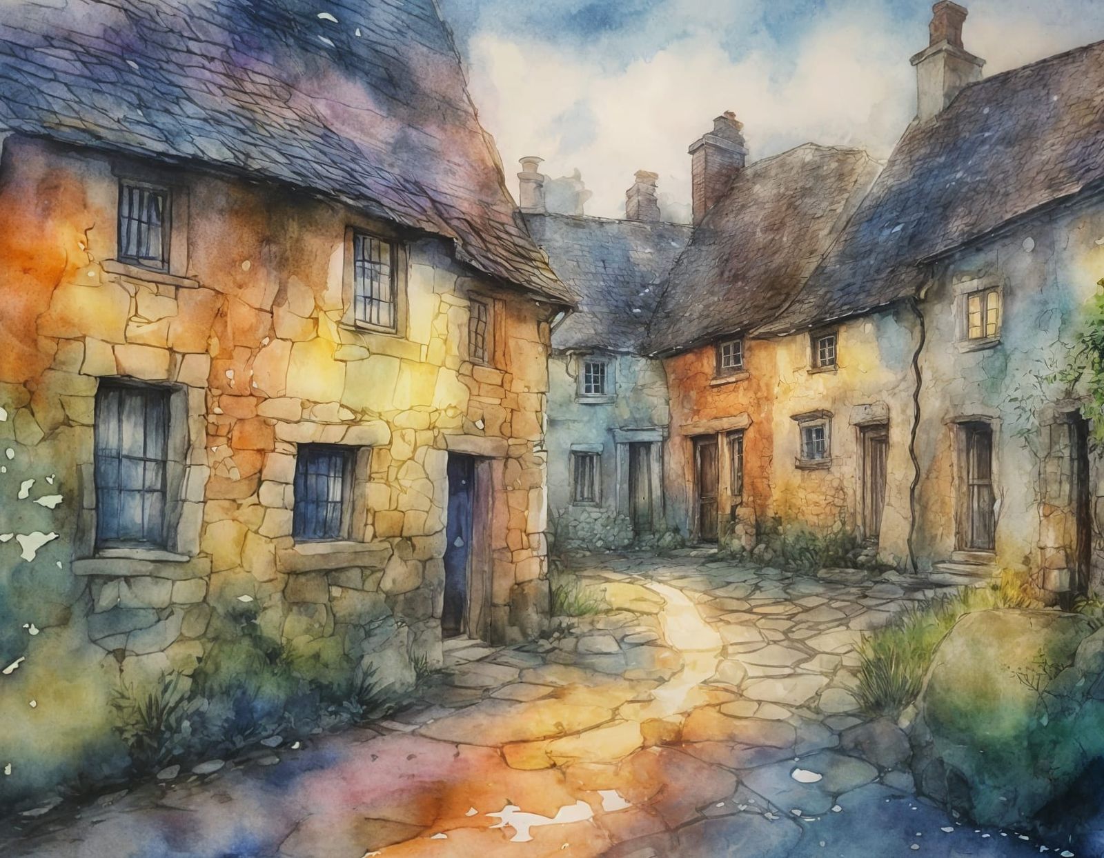 a fairy-tale ancient village 16th century cobbles and rustic stone cottages, watercolour ink, ink splats, ...  by @Pinto