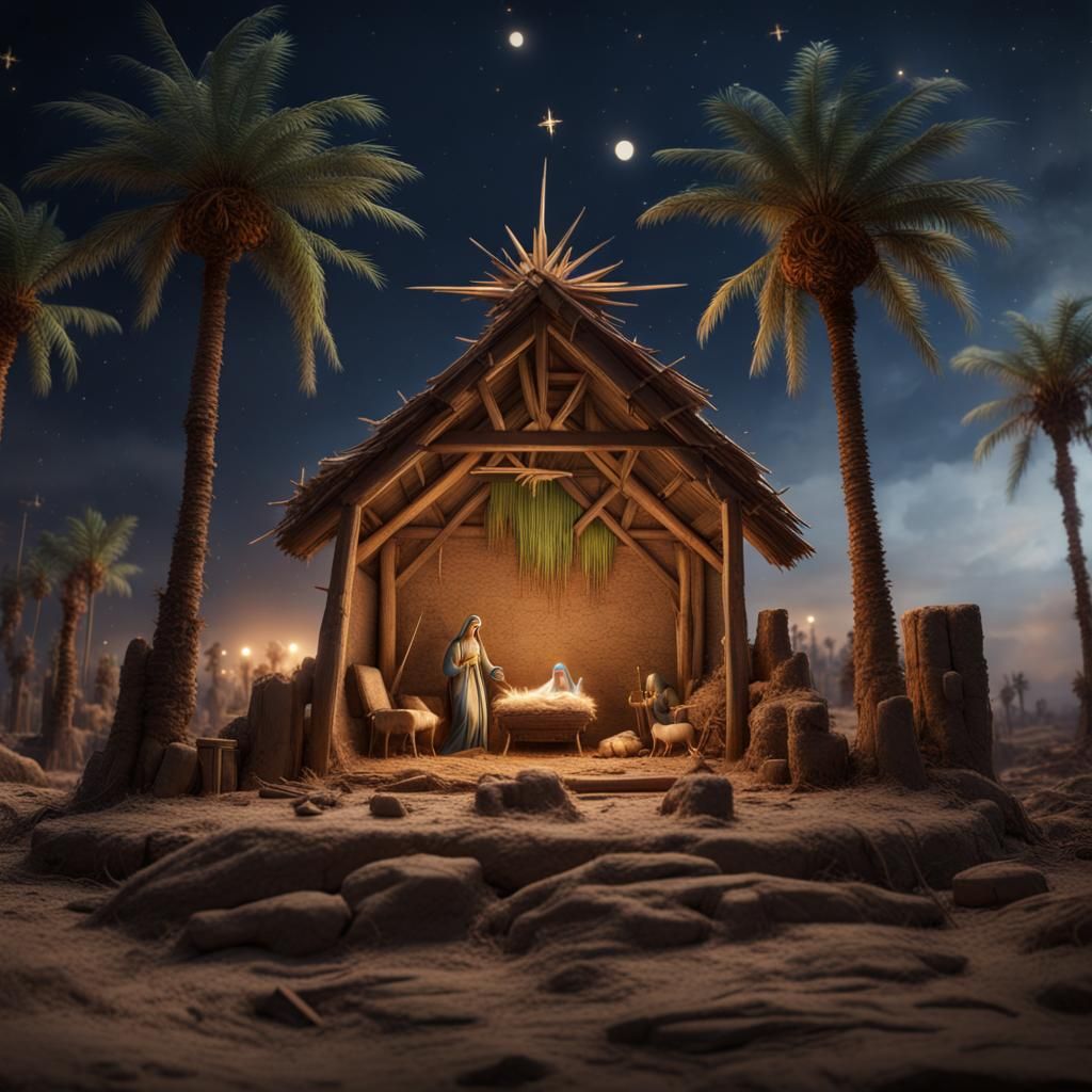 A set of nails with a detailed nativity scene, with star of Bethlehem