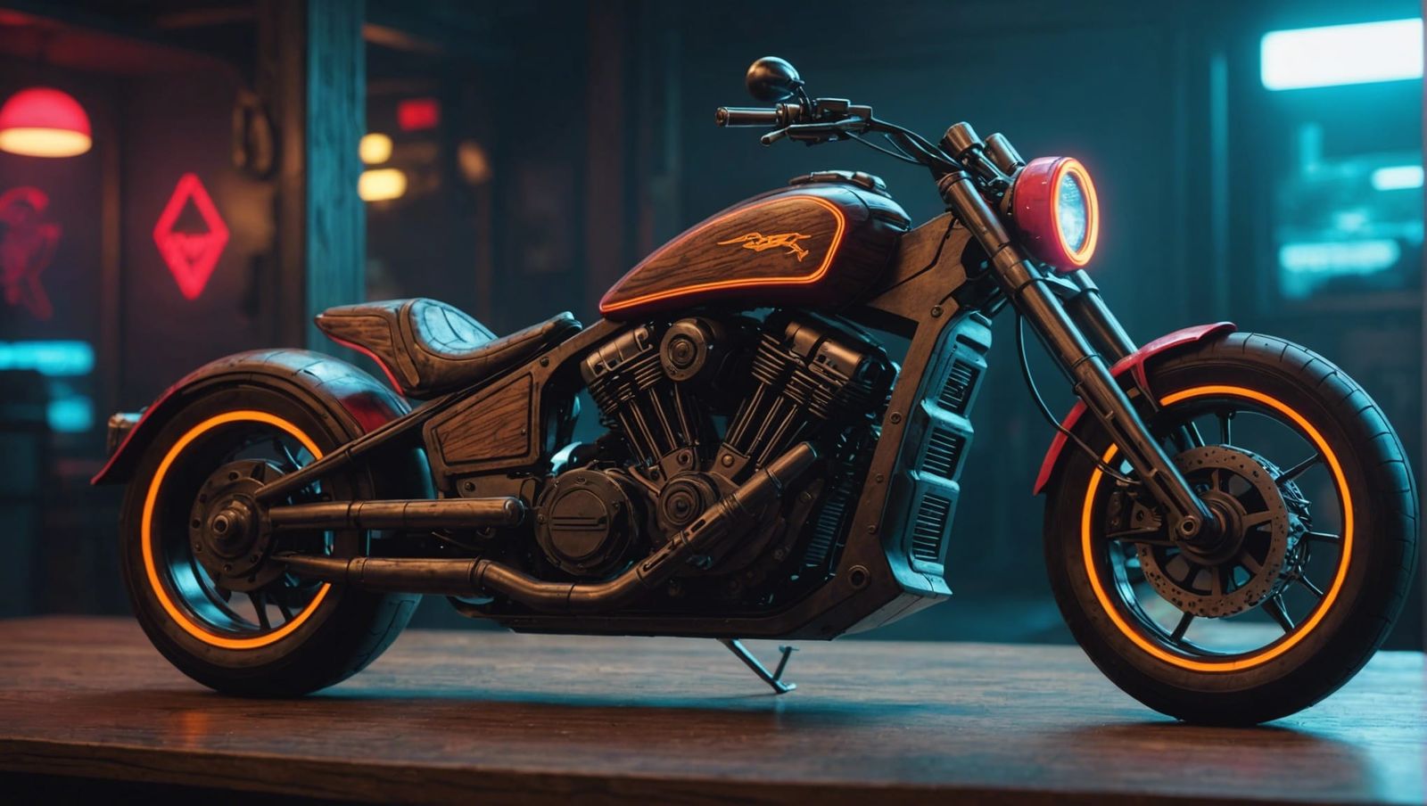 Cyberpunk Motorcycle in Neon Glass Vessel
