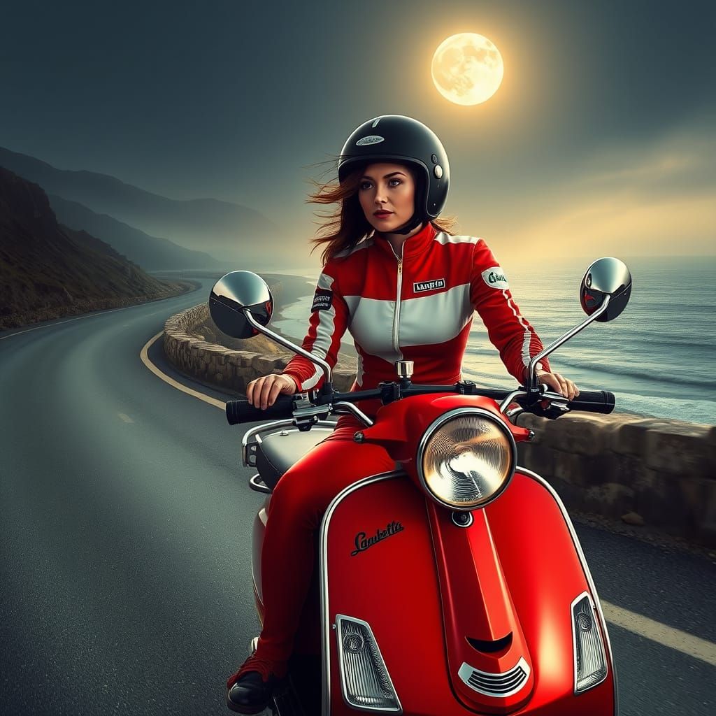 Female riding a red and white Lambretta scooter by the coastline in the moonshineMoving forward.
