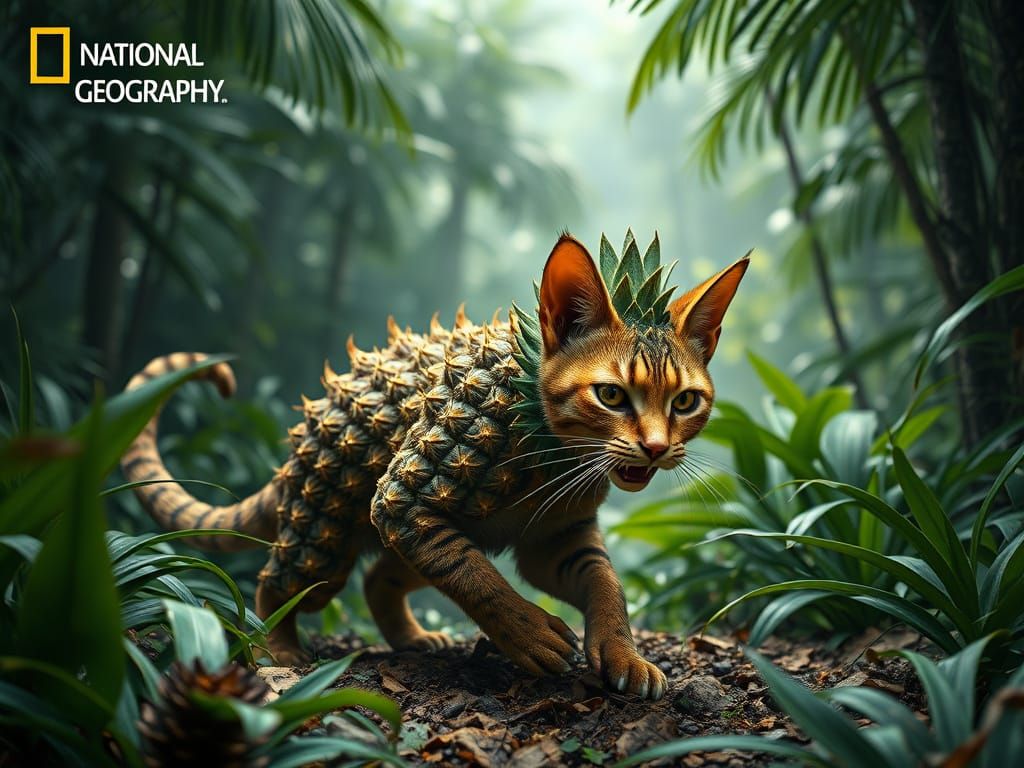 Wild pinapple-cat hunting in jungle forest  by @Romanova Oksana