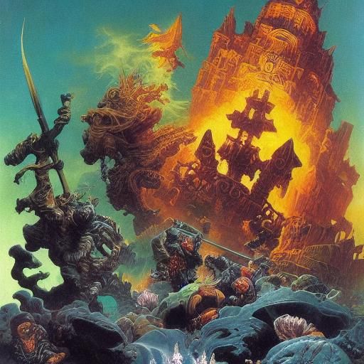 Underwater view of a huge fantastical glowing ancient ruins ...