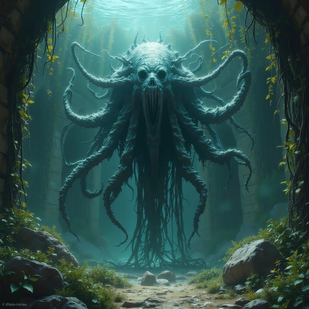 <lora:MJ6 SciFi Aliens:1.0> A dark fantasy video game art style depicting the head and body of an eldritch, Lovecraftian humanoid sea creatu...