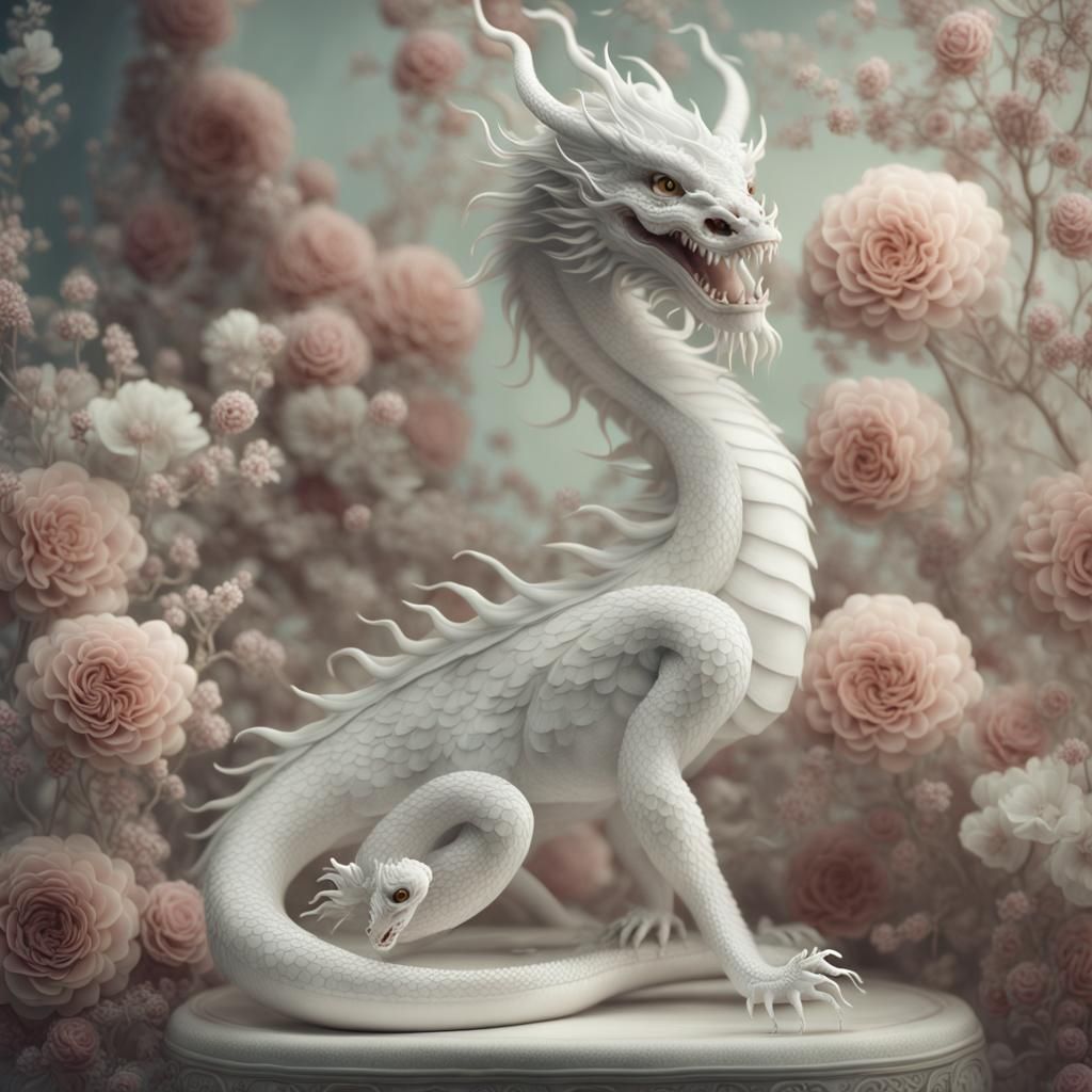 Chinese porcelain dragon with extremely ghostly white skin, ...