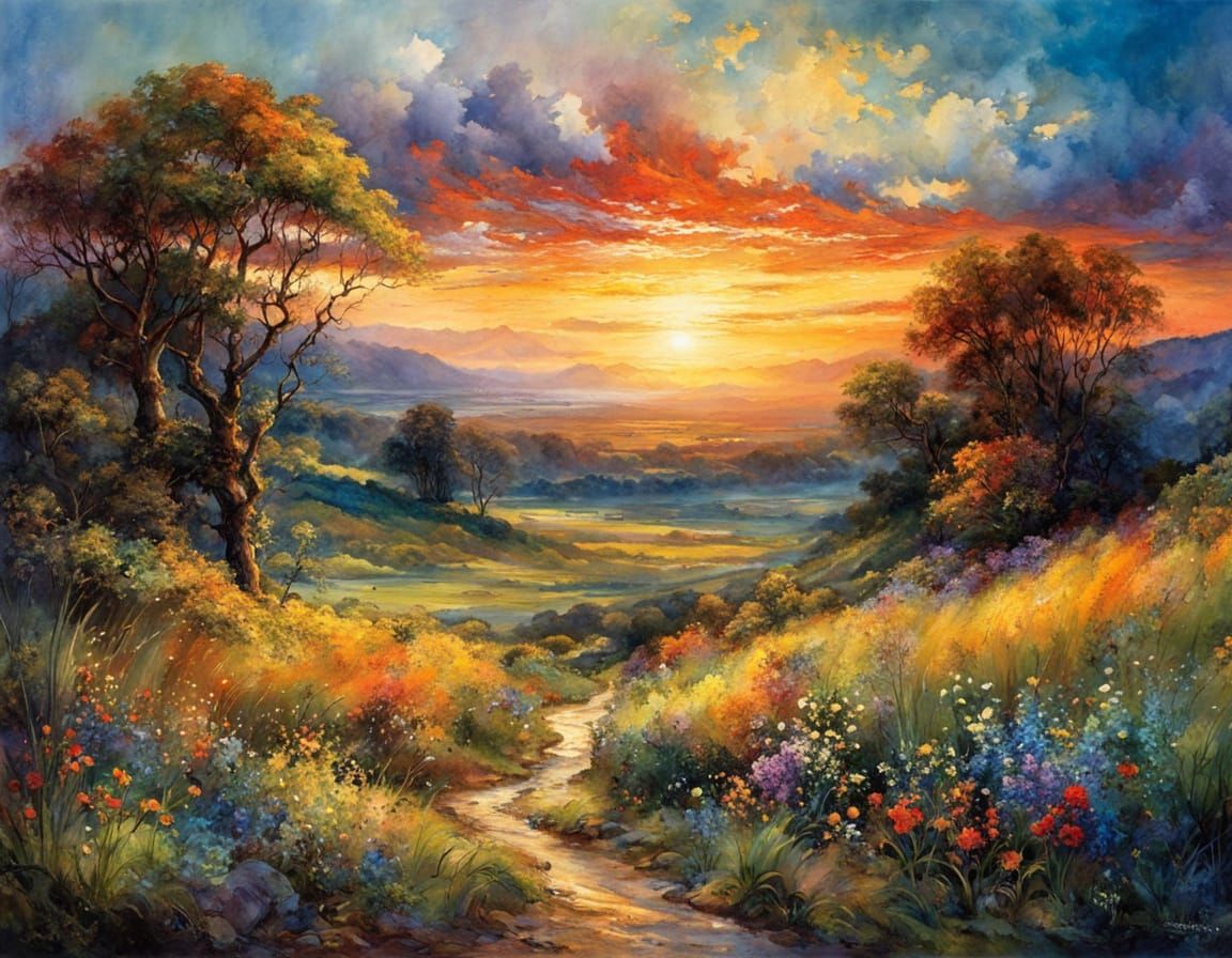 Vibrant Encaustic Summerscape Landscape in Deep Colors