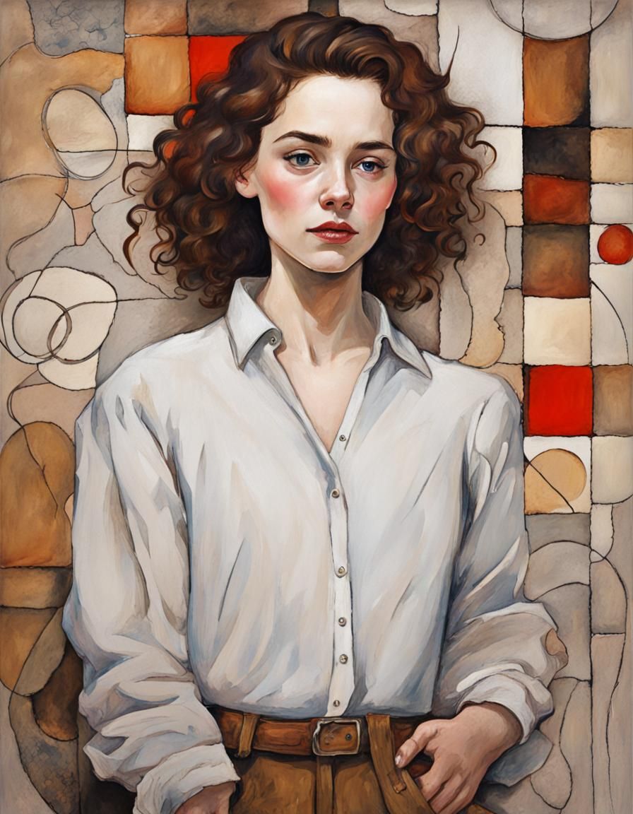 Beautiful young woman Emilia, oil portrait in linen