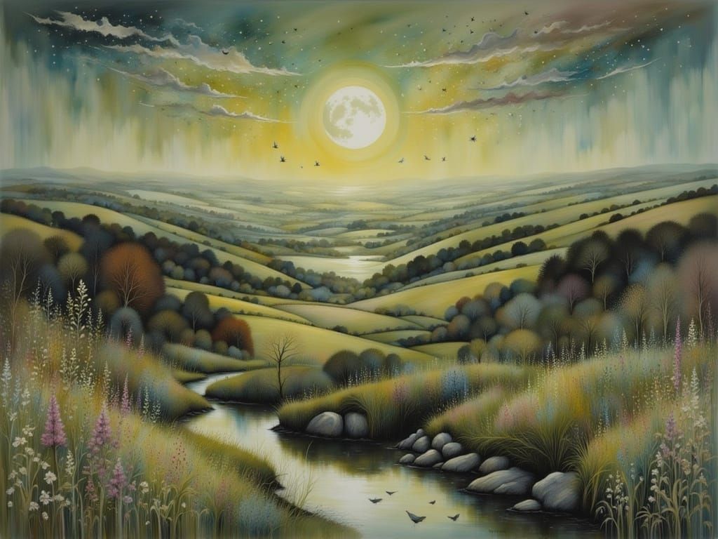 Atmospheric Landscape Painting in Gentle World Style