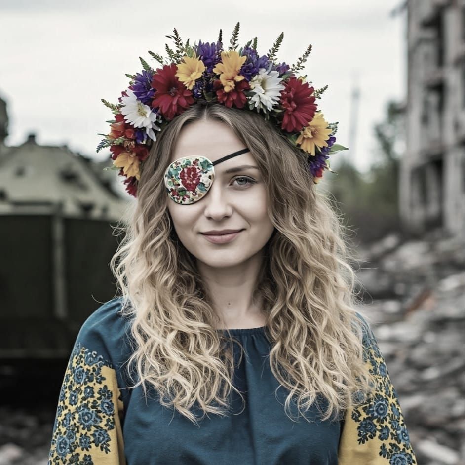 Moody photo portrait of an Ukrainian eyepatch woman with a colorful wreath of wild flowers in her hair 1