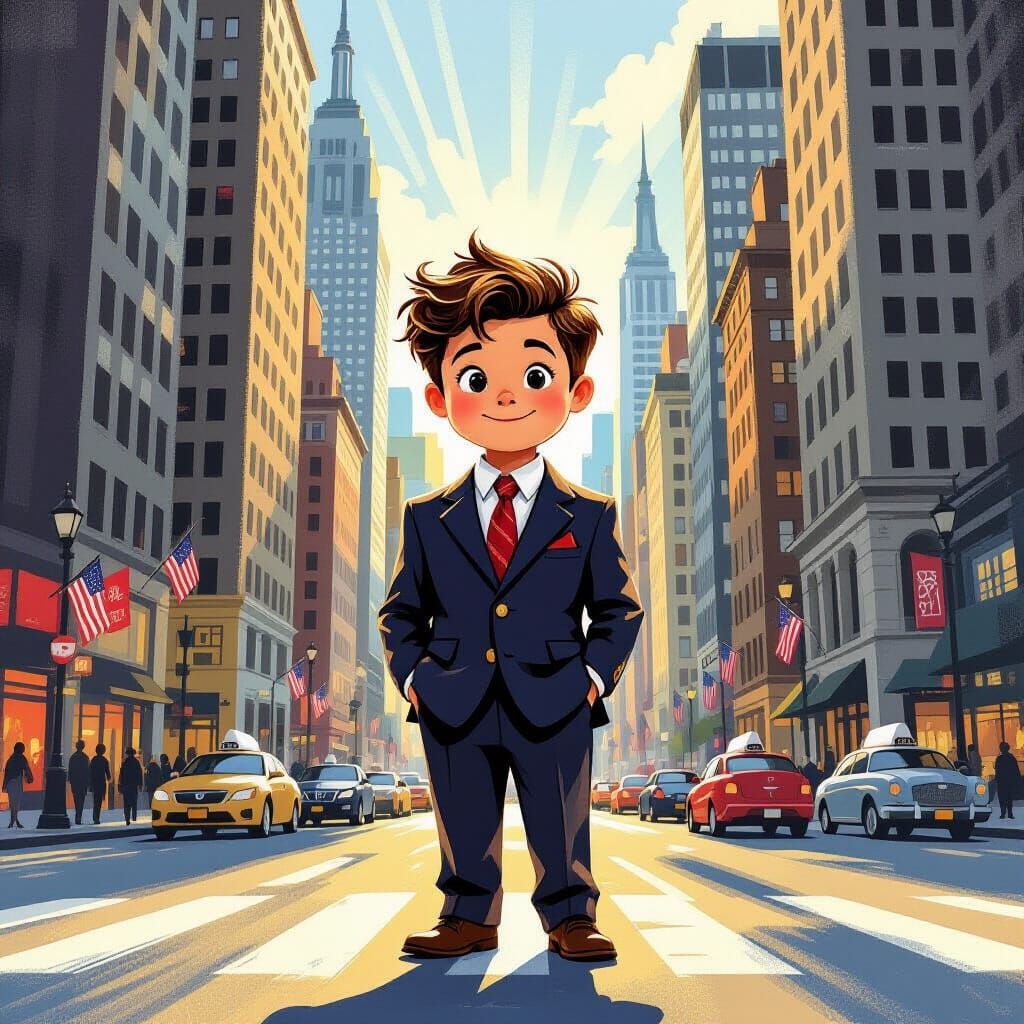 Boy in Business Suit in Vibrant Cityscape Illustration
