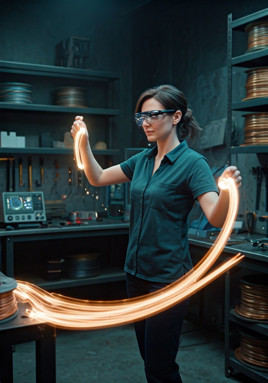 Fotorealistische Szene in einer modernen, realen Elektrowerkstatt. Eine Elektrikerin, eine Lichtmagierin, steht im Mittelpunkt: Mitte 30, ko...