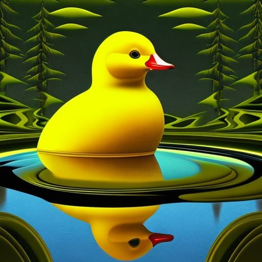 Yellow rubber duck toy, water reflection, by Alex grey. Fore...