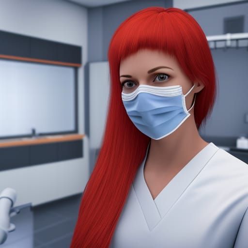 Female dentist with Red hair wearing gloves and a surgical m...