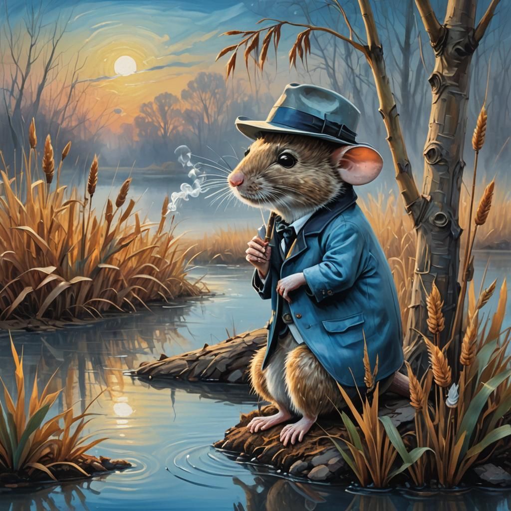 Mouse Smoking Cigarette in Surreal Dawn Scene