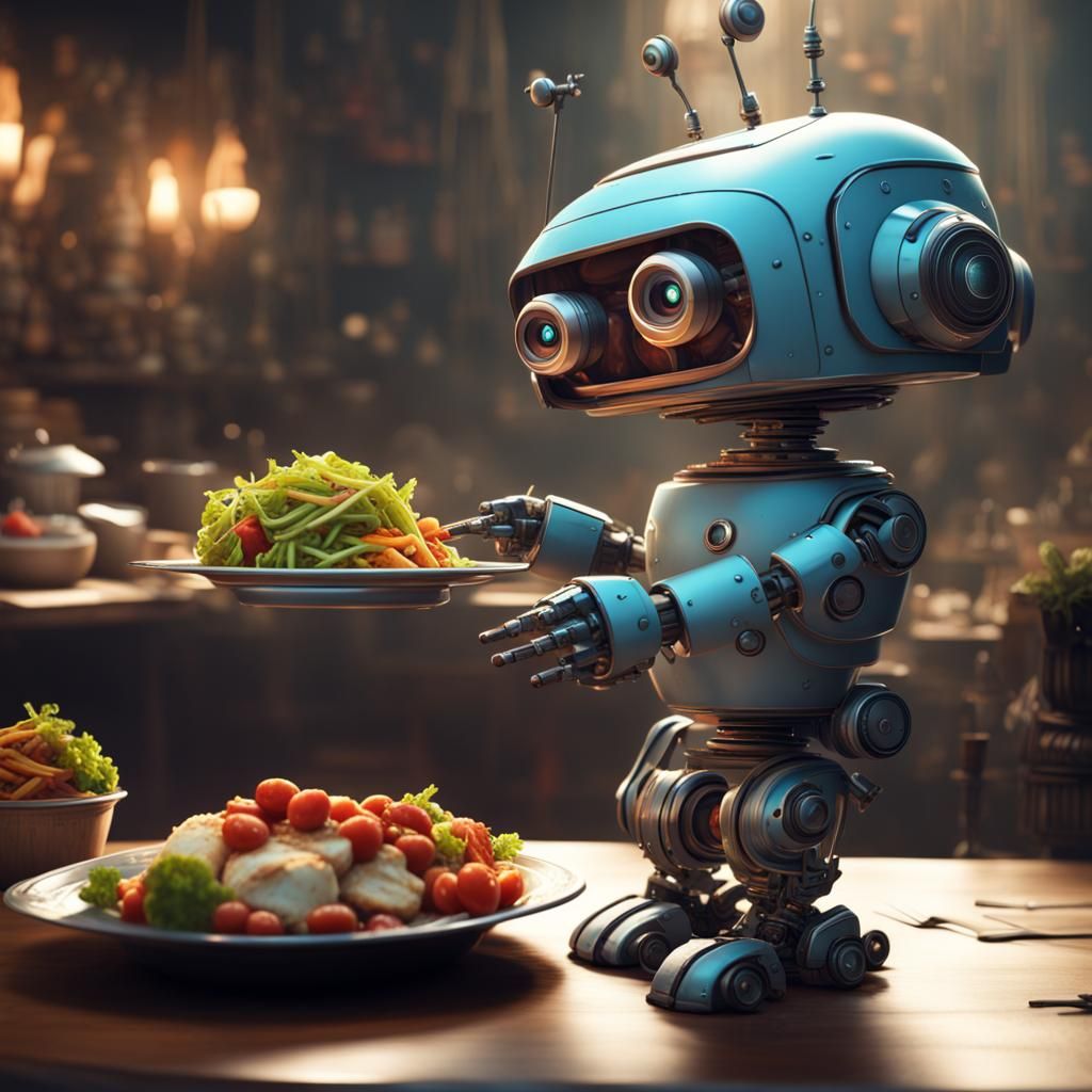 a trollish, cute robot that serves food  by @Elke Buerger