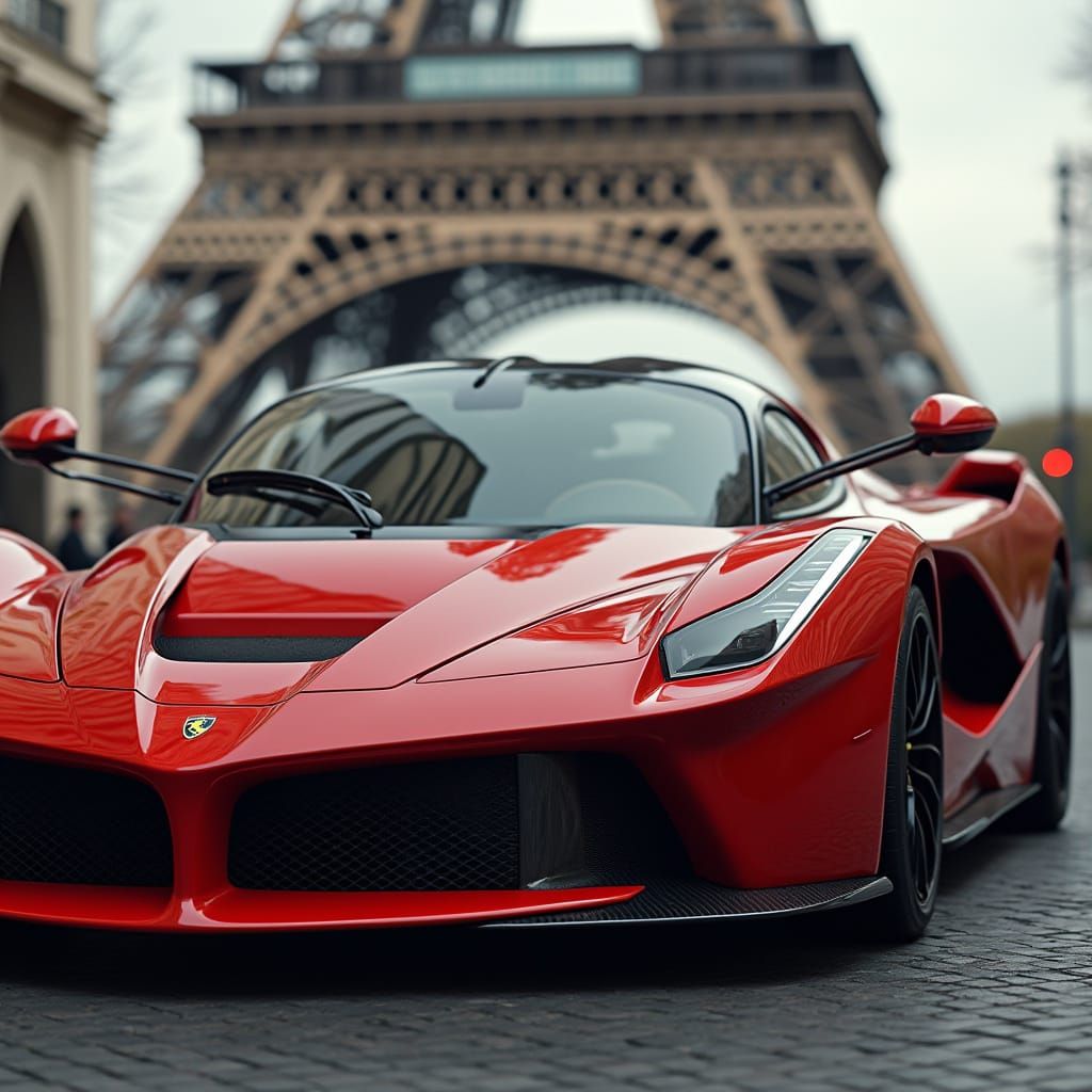 Hyper realistic red Italian supercar with much carbon fiber. Front of the Eiffel tower. Year 2031. Full HD.