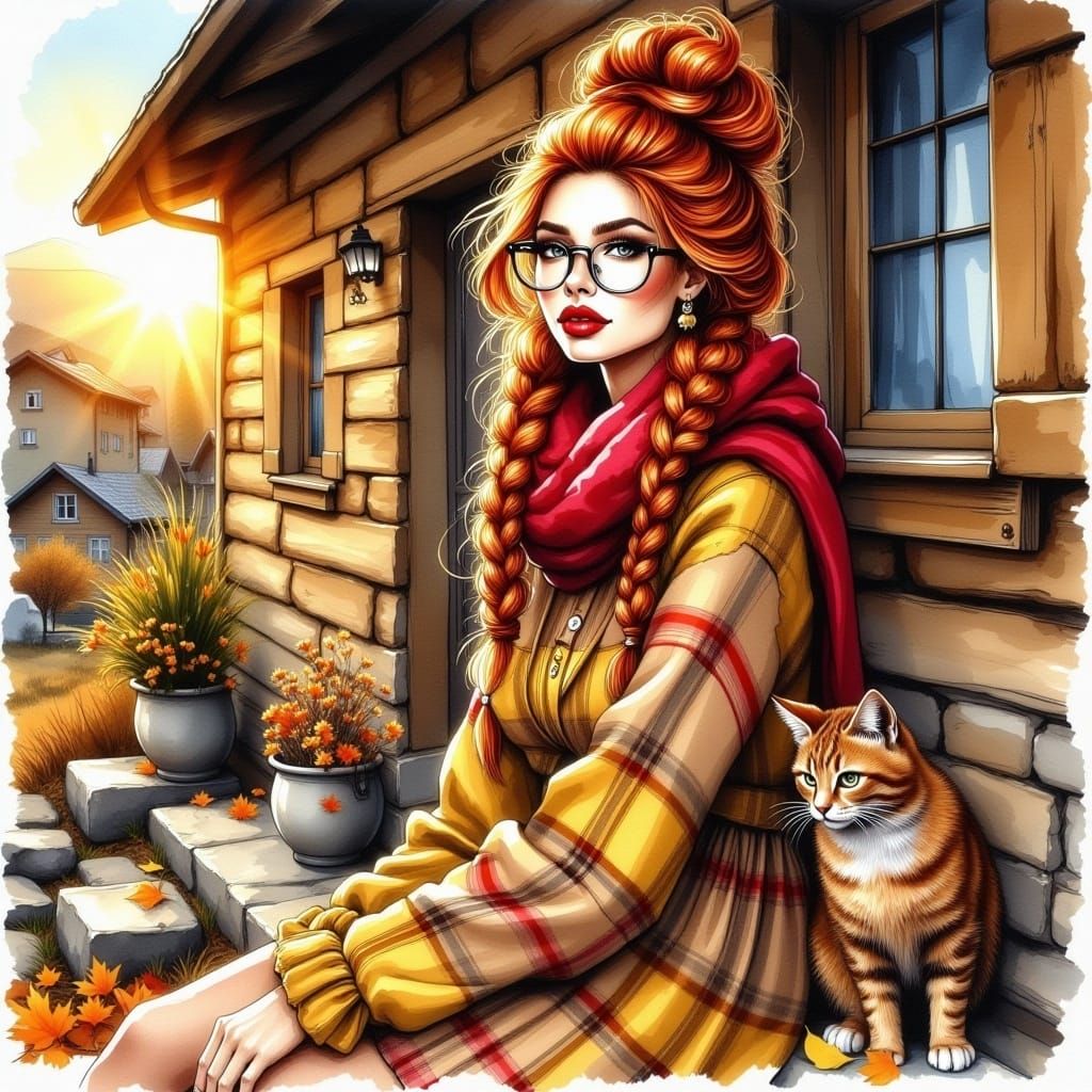 <lora:Alcohol Ink Flux:1.0> "stunning woman, braided red hair, glasses, brown and yellow checkered dress, a red scarf around her neck, boho...
