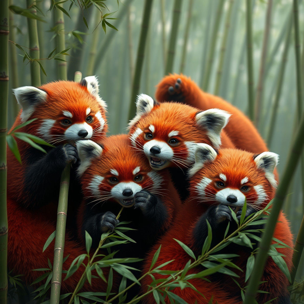 Red 4 pandas eating bamboo sticks, happy, group  them in the...