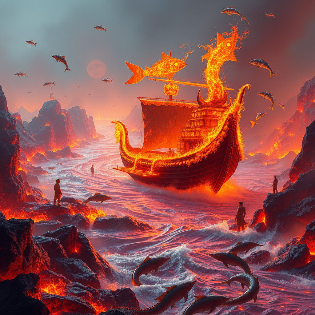 Inferno River: Fire Ship Voyage in Fantasy Art Style