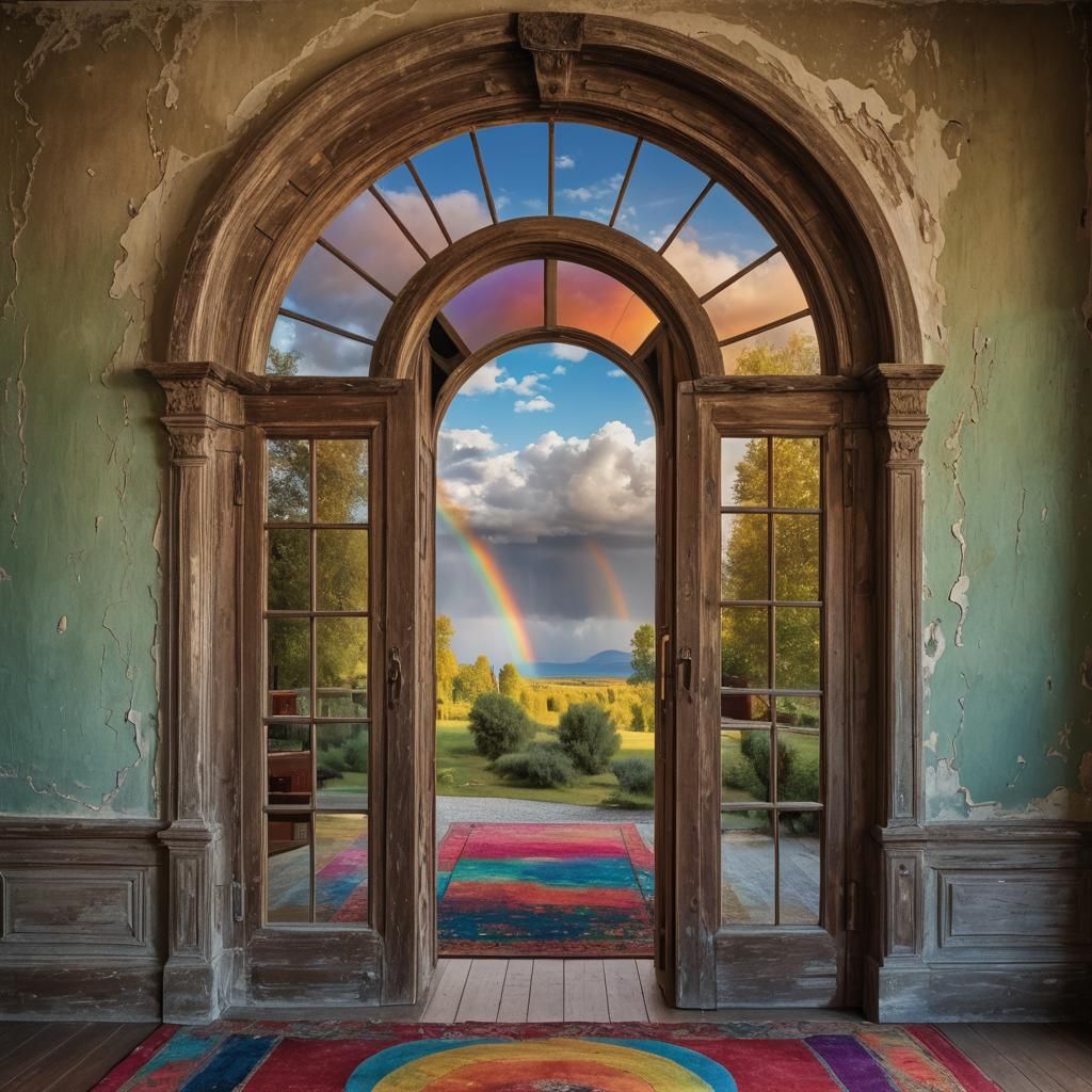 Surreal Rainbow Landscape Through Ancient Window