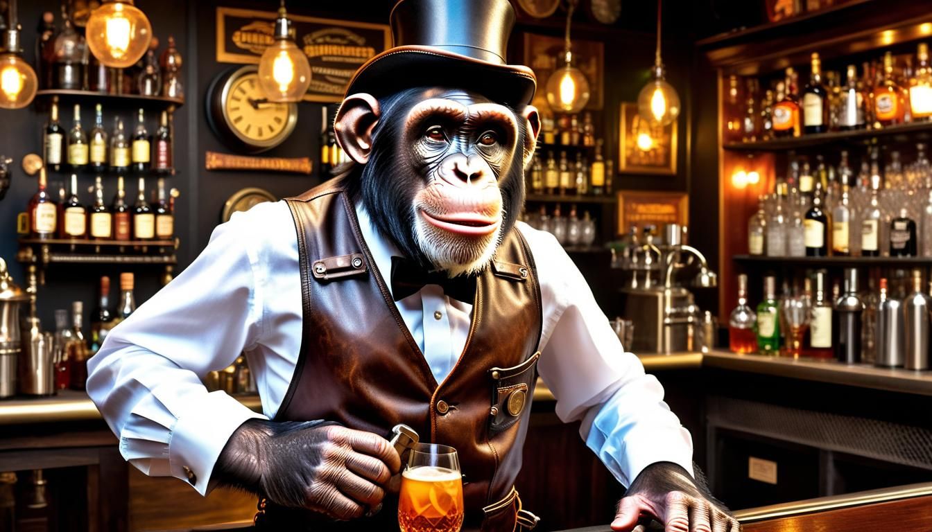 A (Chimpanzee:1.5) is a steampunk bartender (wearing a barte...