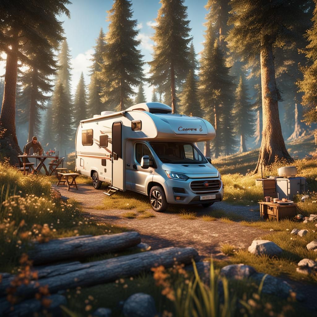 Hyperdetailed beautiful camper on a camping place 3D Game Ci...