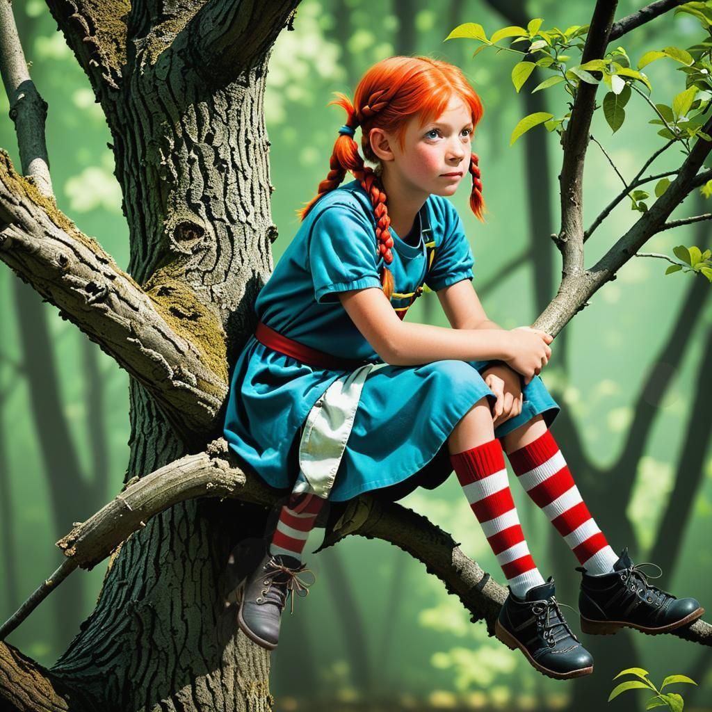 Pippi Longstocking sitting on the branch of a tree. Dan Witz contrasting colors