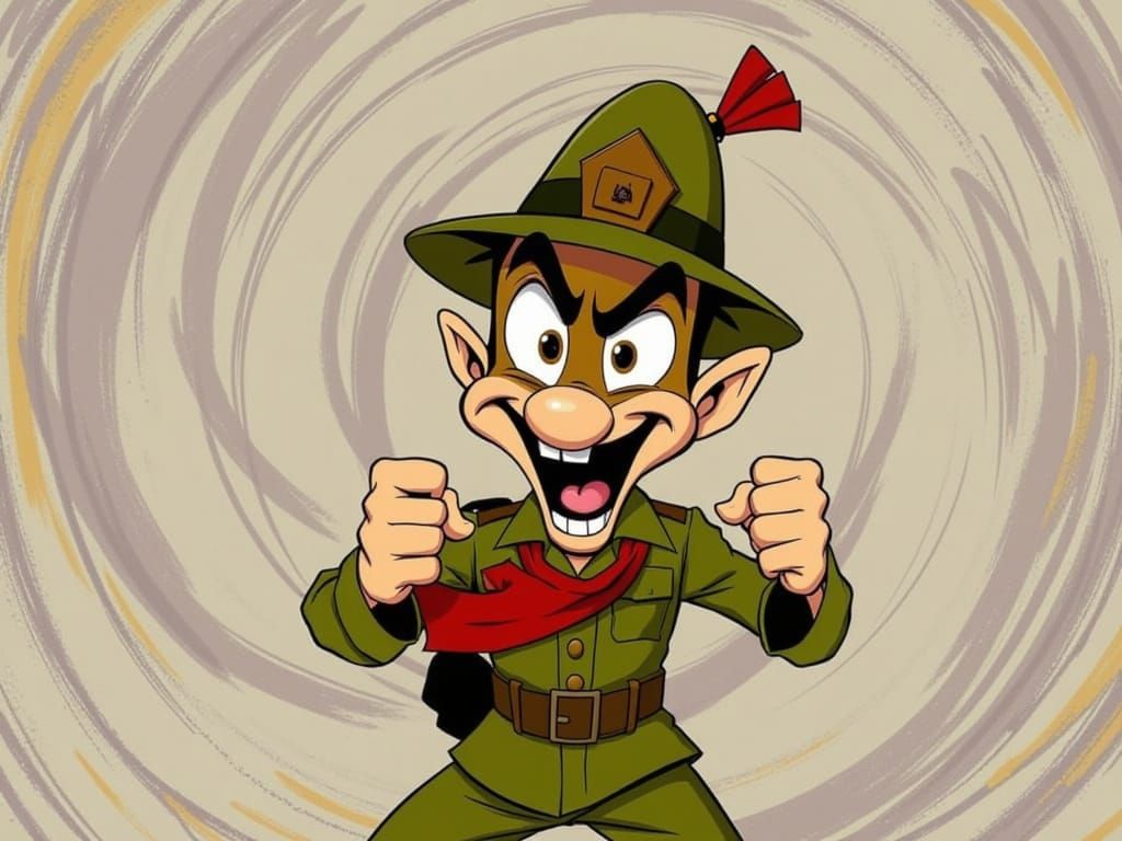 Whimsical Soldier, with wild eyes and frantic expression, posed in a dynamic, exaggerated manner, set against a vibrant, cartoonish backdrop...