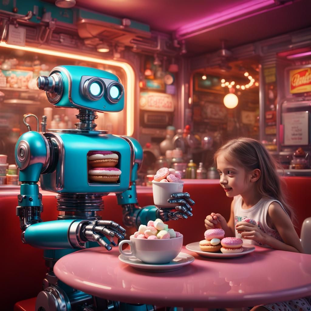 An intricate intelligent robotic robot serving hot chocolate with marshmallows and donuts to a