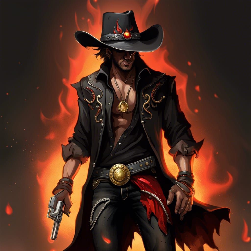 Wears a worn black cowboy hat with a black and red vest with...